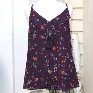 Cabi Eggplant Purple w Stripes & Multicolor Floral Ruffle V-Neck Cami Sz MEDIUM